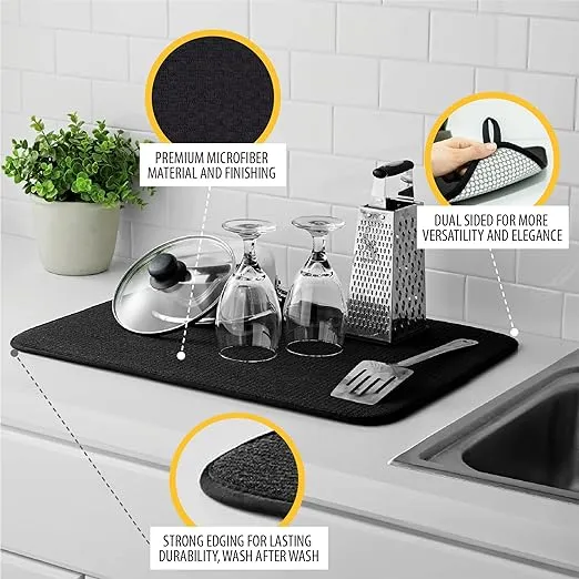 Premium Dish Drying Mat 24 x 18 LARGEST MAT Dual Surface Black Idea Home